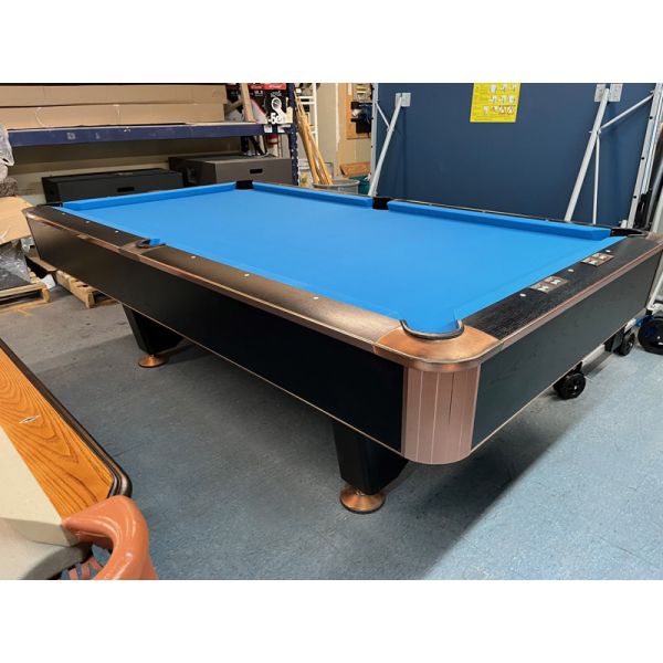 Used 8 foot Canada Billard Black Crown pool table with Simonis Blue cloth Code : TABLELIQ131 One inch thick natural quarried slate, Copper tinted Aluminum corners, inset pockets and score counters. 
Includes a one year warranty, Blue Professional grade S