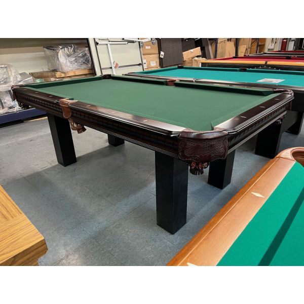 Majestic Pinnacle Demonstrator floor model 7 foot Black and Walnut finish pool table with natural quarried 3/4 inch slate Code : TABLE420MAJ7P
Made with solid North American and European Hardwoods, genuine leather pockets and Green Simonis billiard cloth