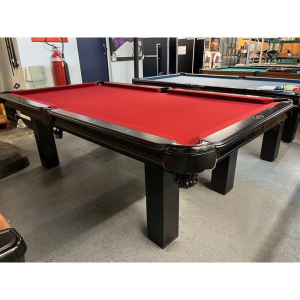 Majestic 8 foot pool table demonstrator floor model with Black finish 3/4  inch slate Code : TABLE426MAJ8P
Made in Canada with solid North American wood and engineered wood, genuine leather pockets and 3/4 natural quarried slate. 
Includes a 25 year war