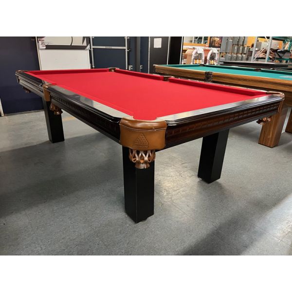 Majestic Pinnacle Demonstrator floor model 8 foot pool table with natural quarried 3/4 inch slate Code : TABLE439MAJ8P 
Made with solid North American and European hardwoods, genuine leather pockets and red billiard cloth.