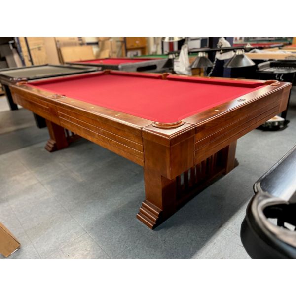 Bellagio Billiards 8 foot pool table with slate surface and Craftsman style Art Deco legs Code : TABLE440BEL8P
Made with solid hard wood, real wood veneer and engineered woods the unique design is timeless. 
Includes a one year warranty, Red billiard fe