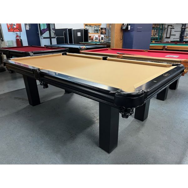 Majestic 8 foot pool table demonstrator floor model with Mahogany and Black finish 3/4  inch slate Code : TABLE442MAJ8P
Made in Canada with solid North American wood and engineered wood, genuine leather pockets and 3/4 natural quarried slate. 
Includes 