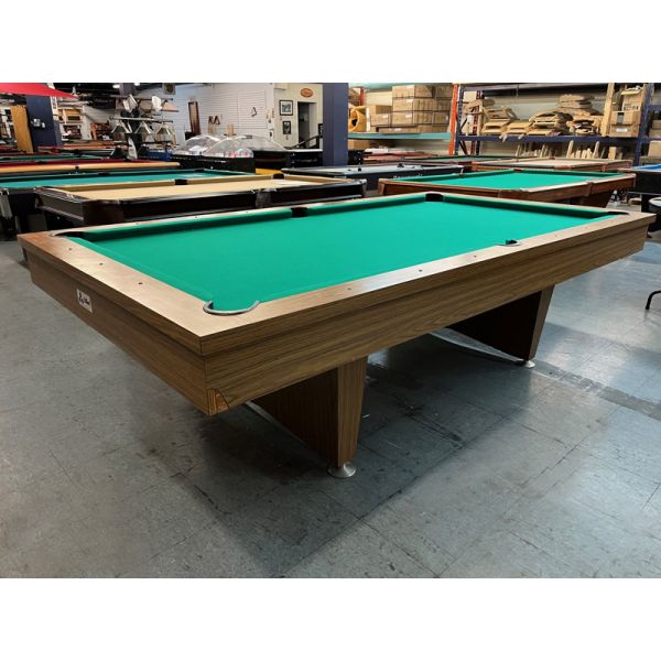 Used JPN brand oversized 8 foot pool table with MDF play surface and green cloth. Code TABLE4518OSP. Pedestal style legs, inset pockets and simulated wood finish.
Includes a one year warranty, Green billiard felt cloth and a used billiard accessory kit. 